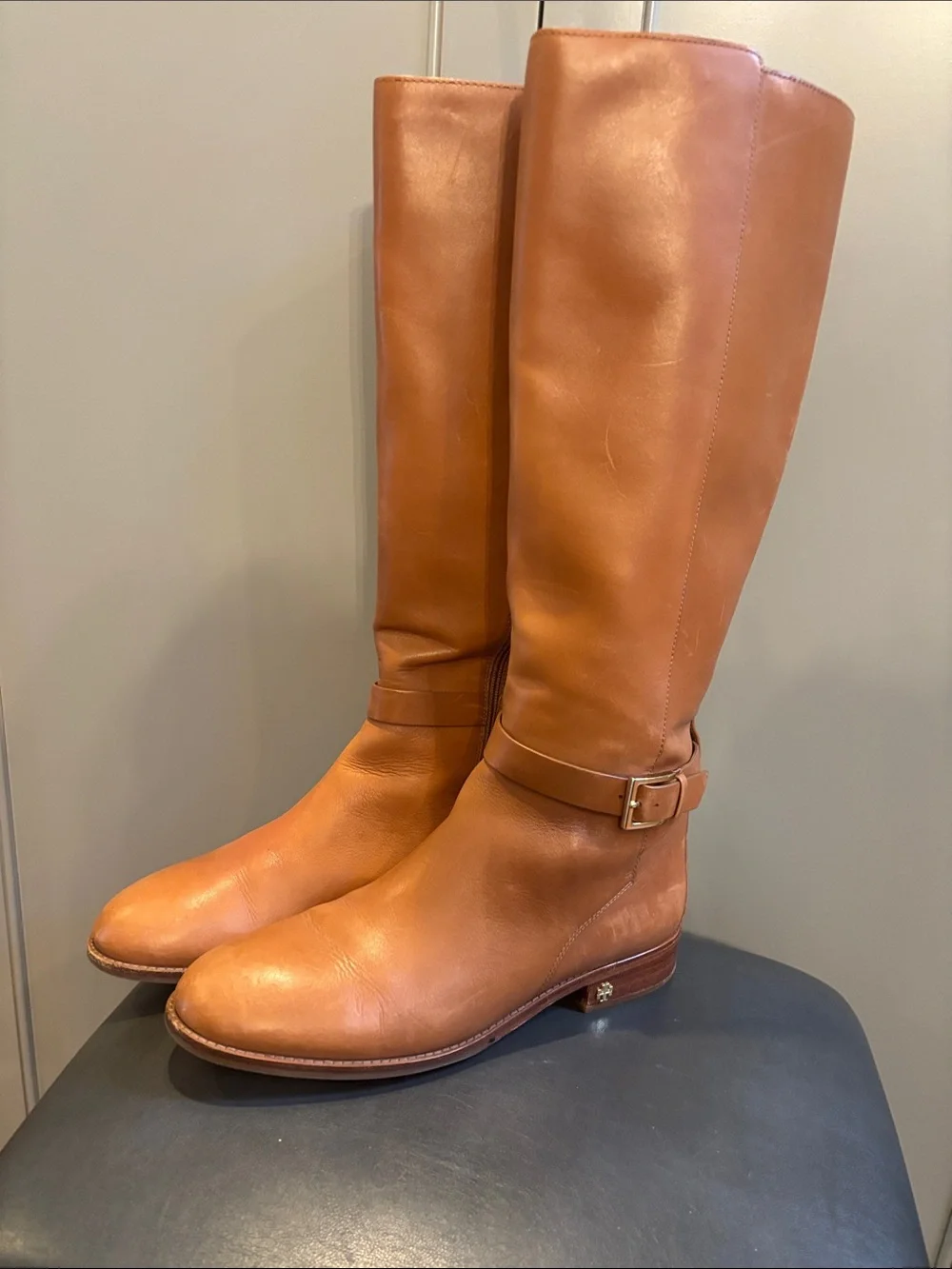 Tory Burch Brooke knee-high boots in tan leather. 11